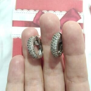 Vintage 925 Sterling Silver Huggie Round Hoop Earrings Pave CZ Pierced Jewelry